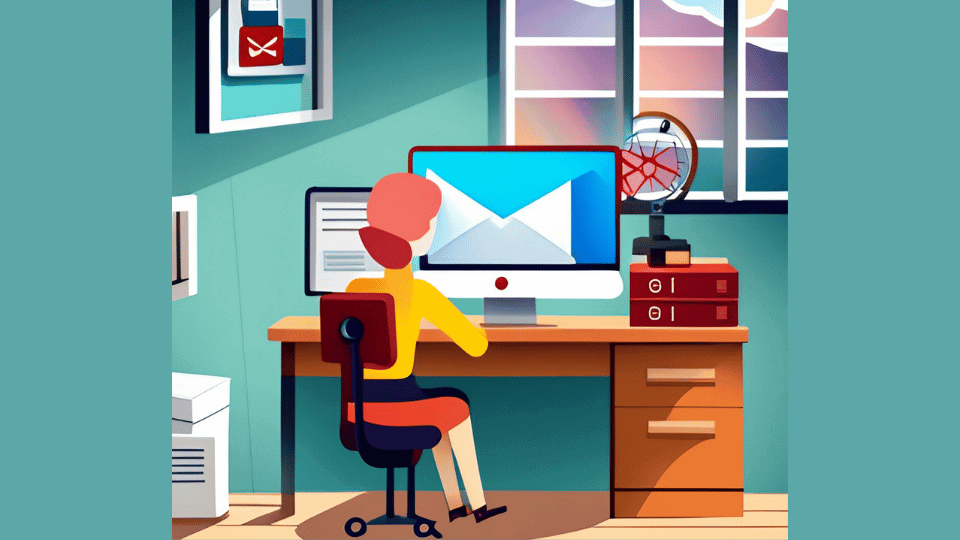 An AI-generated illustration of a woman sitting at a desk using a Mac computer.
